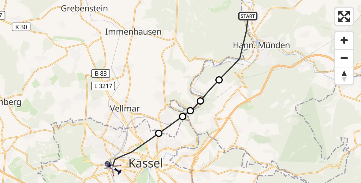 Flugroute Polizeihubschrauber Hann.Münden - Kassel, 04 August 2026, 06:38