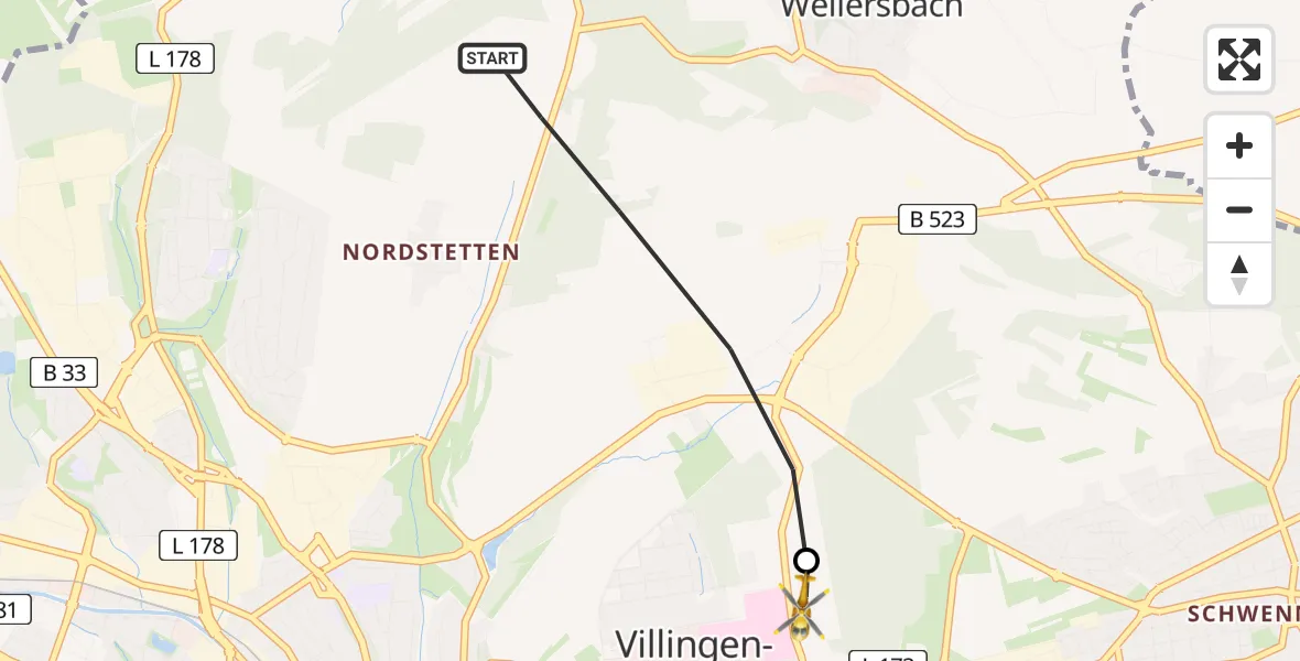 Flugroute Ambulanzhubschrauber Villingen-Schwenningen - DRF Air Rescue Station Villingen-Schwenningen Hubschrauberlandeplatz (Christoph 11), 04 August 2026, 06:41