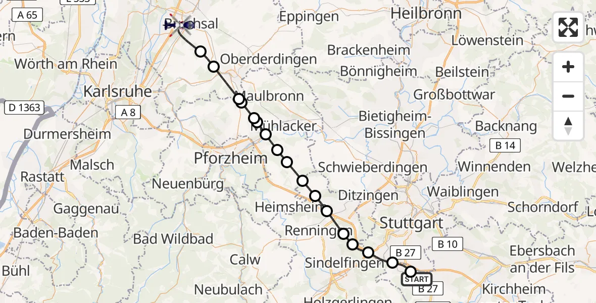 Flugroute Polizeihubschrauber Flughafen Stuttgart - Bruchsal, 04 August 2026, 06:43
