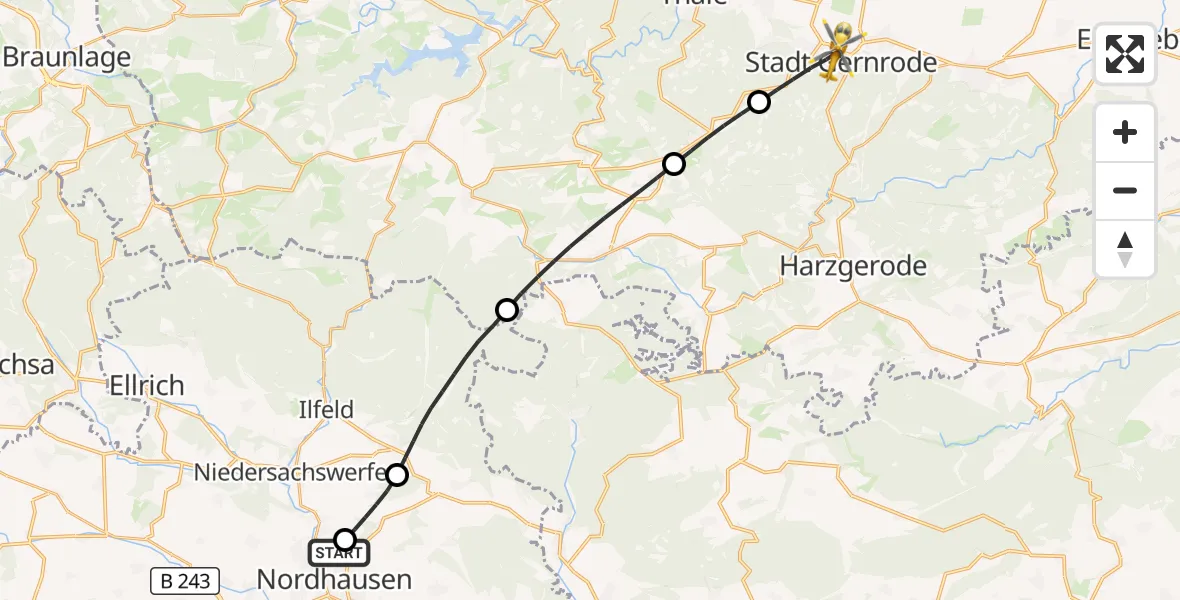 Flugroute Rettungshubschrauber Südharz Hospital Nordhausen - Quedlinburg, 04 August 2026, 06:45
