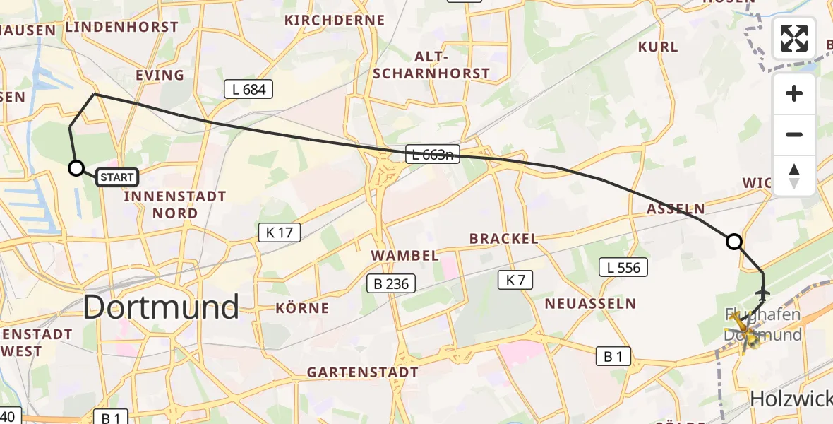 Flugroute Rettungshubschrauber Dortmund Hospital North - Dortmund Flughafen, 04 August 2026, 06:46
