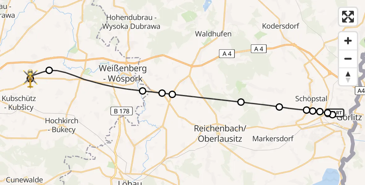Flugroute Rettungshubschrauber Görlitz Hospital - Bautzen Flugplatz, 04 August 2026, 06:46