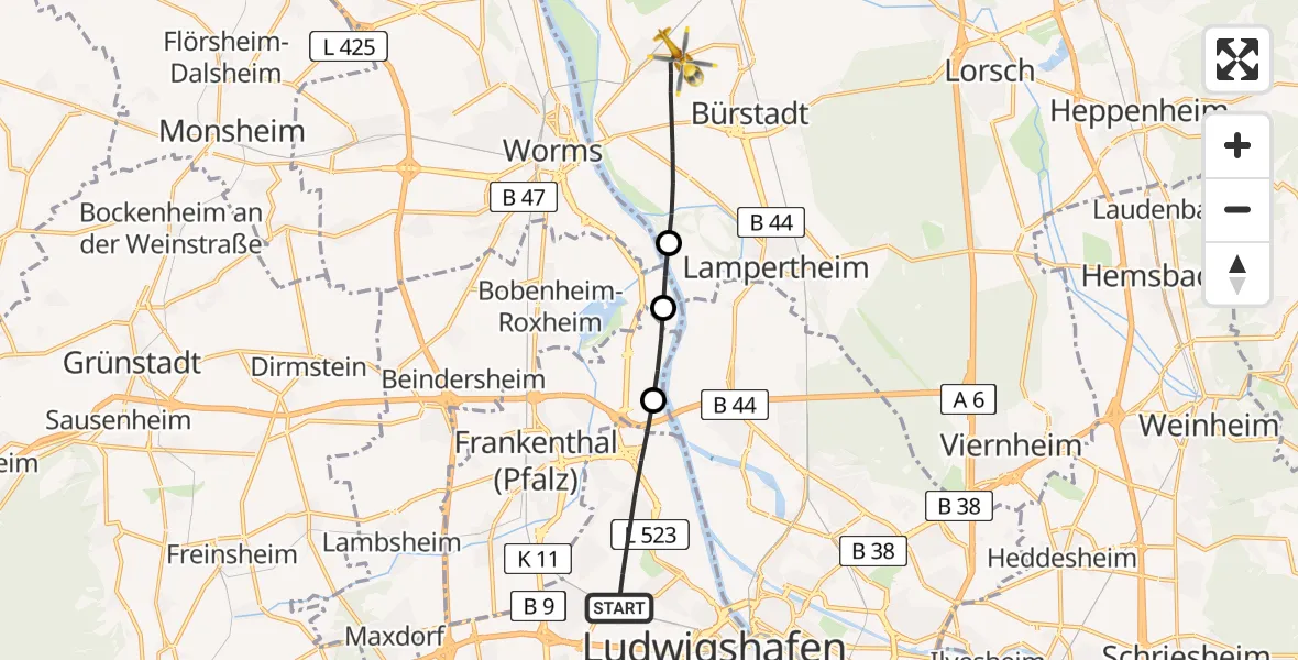 Flugroute Rettungshubschrauber Ludwigshafen am Rhein - Lampertheim, 04 August 2026, 06:49