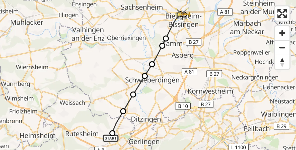 Flugroute Rettungshubschrauber Leonberg Hospital - Bietigheim Hospital, 04 August 2026, 06:51