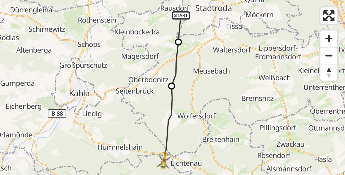 Flugroute Rettungshubschrauber Rausdorf - Langenorla, 04 August 2026, 06:56