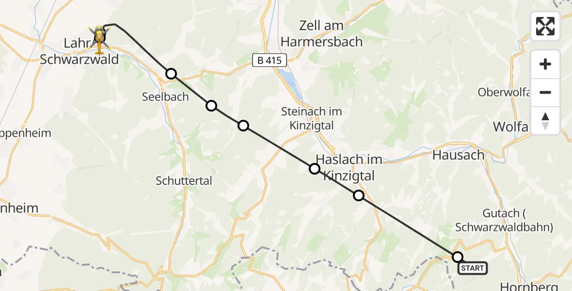 Flugroute Rettungshubschrauber Gutach (Schwarzwaldbahn) - Ortenau Hospital Lahr-Ettenheim, 04 August 2026, 06:59
