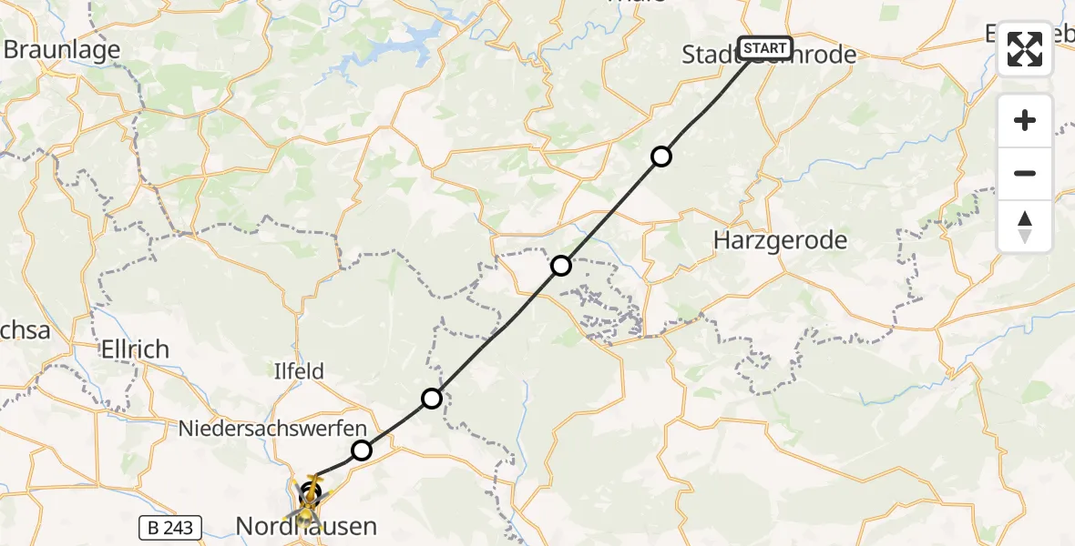 Flugroute Rettungshubschrauber Quedlinburg - Südharz Hospital Nordhausen, 04 August 2026, 07:12