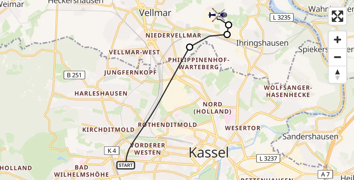 Flugroute Polizeihubschrauber Kassel - Fuldatal Bundespolizei Hubschrauberlandeplatz, 04 August 2026, 07:15