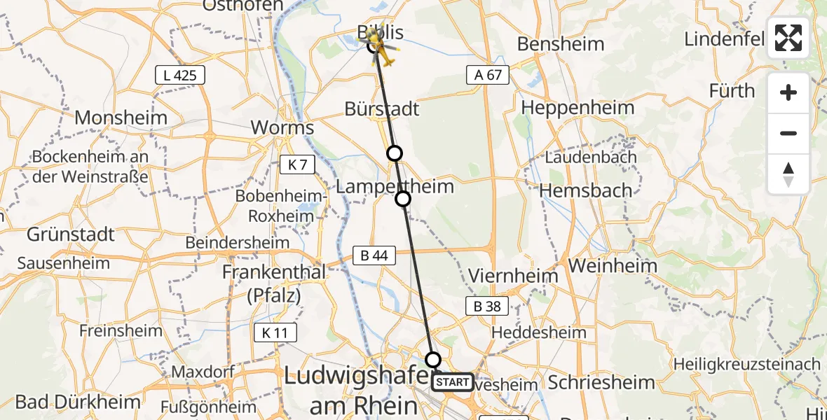 Flugroute Rettungshubschrauber Mannheim-City Flughafen - Biblis, 04 August 2026, 07:20