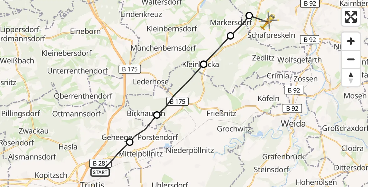 Flugroute Rettungshubschrauber Triptis - Gera, 04 August 2026, 07:23