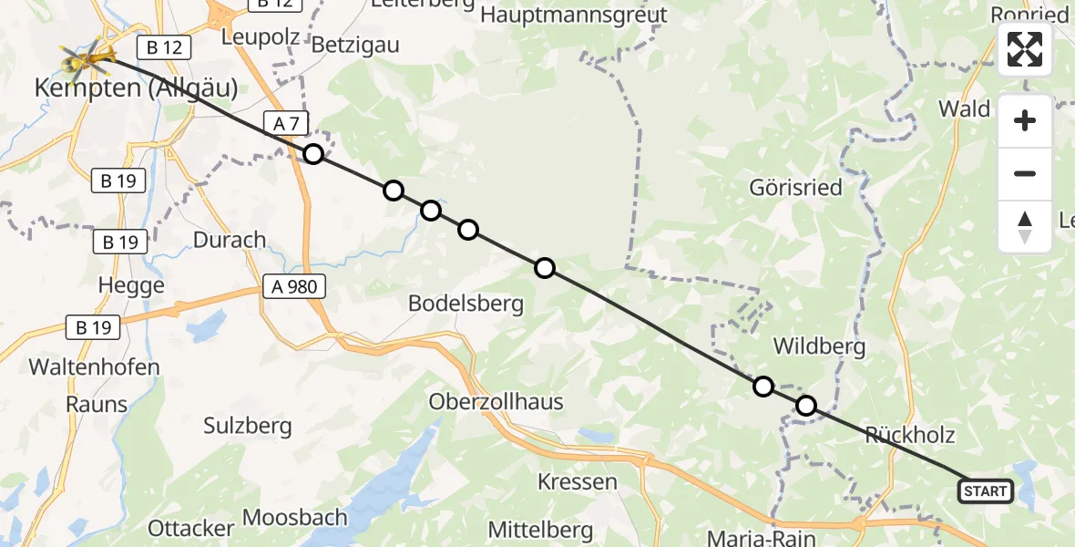 Flugroute Rettungshubschrauber Rückholz - Kempten (Allgäu), 04 August 2026, 07:24