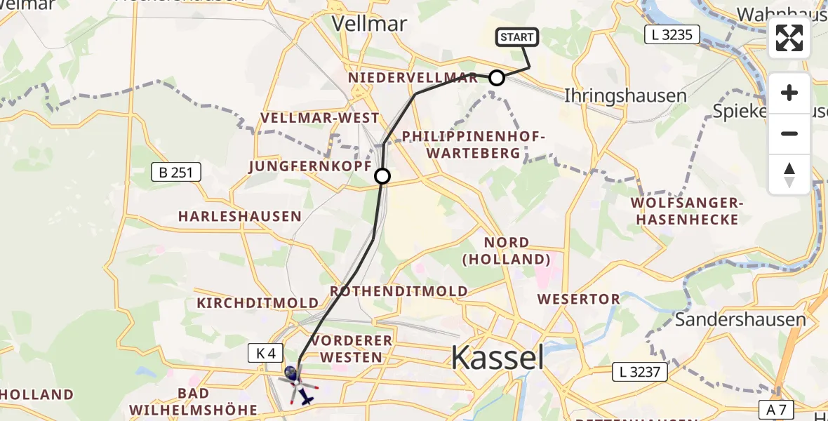 Flugroute Polizeihubschrauber Fuldatal Bundespolizei Hubschrauberlandeplatz - Kassel, 04 August 2026, 07:31