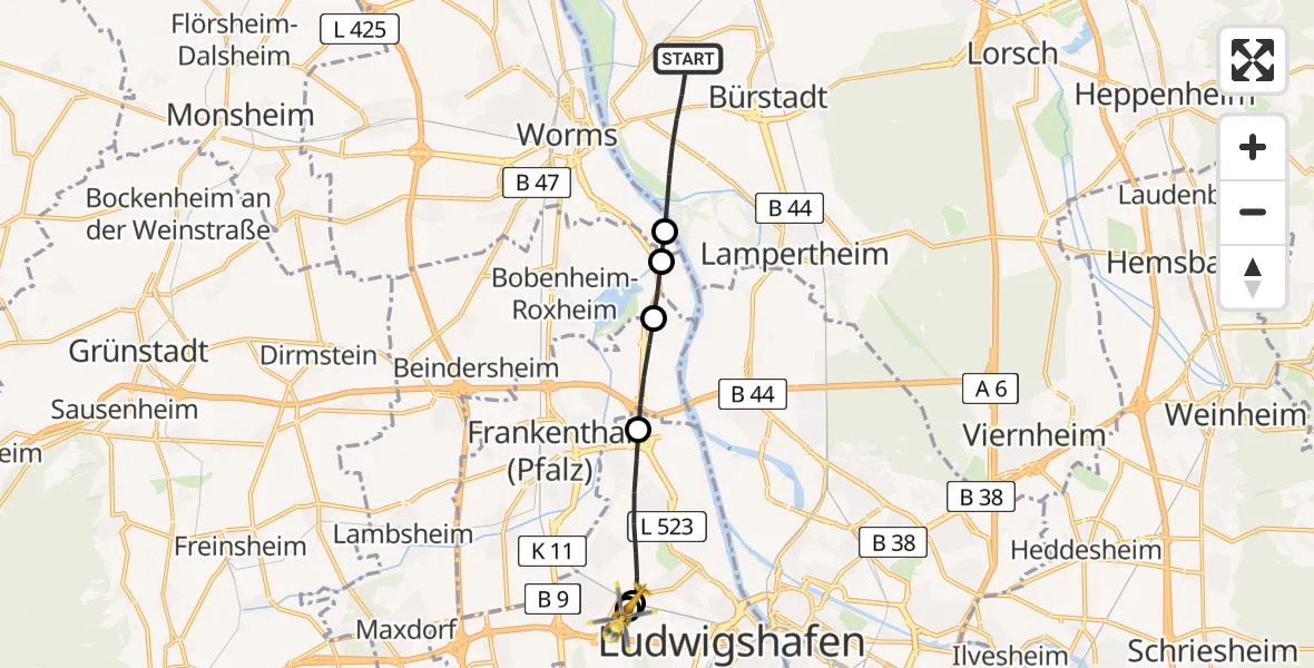 Flugroute Rettungshubschrauber Lampertheim - Ludwigshafen Accident Hospital, 04 August 2026, 07:34