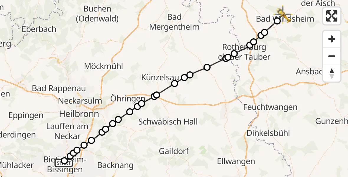 Flugroute Rettungshubschrauber Bietigheim Hospital - Bad Windsheim, 04 August 2026, 07:34