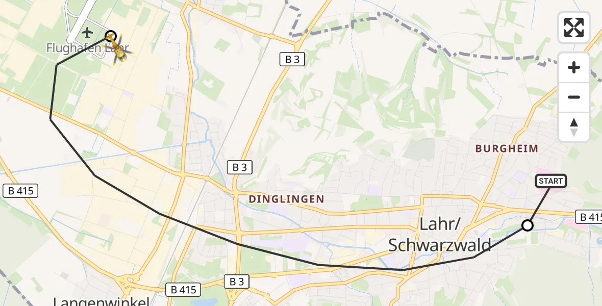 Flugroute Rettungshubschrauber Ortenau Hospital Lahr-Ettenheim - Lahr Flughafen, 04 August 2026, 07:43