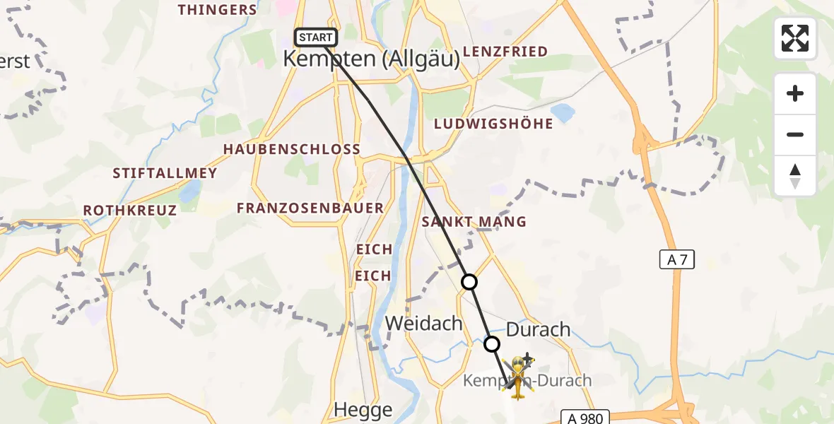 Flugroute Rettungshubschrauber Kempten (Allgäu) - Kempten-Durach Flugplatz, 04 August 2026, 07:53
