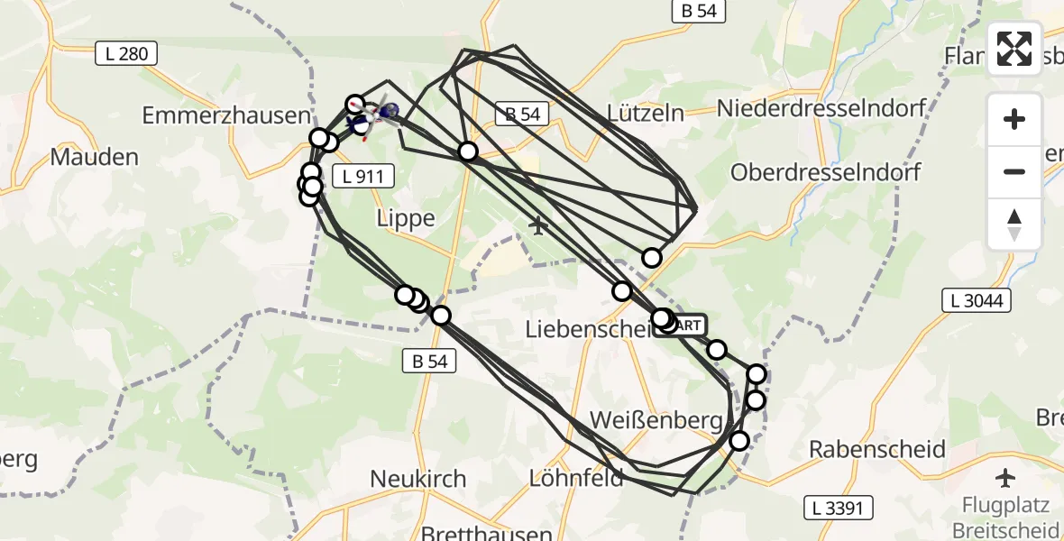 Flugroute Polizeihubschrauber Liebenscheid - Burbach, 04 August 2026, 08:05