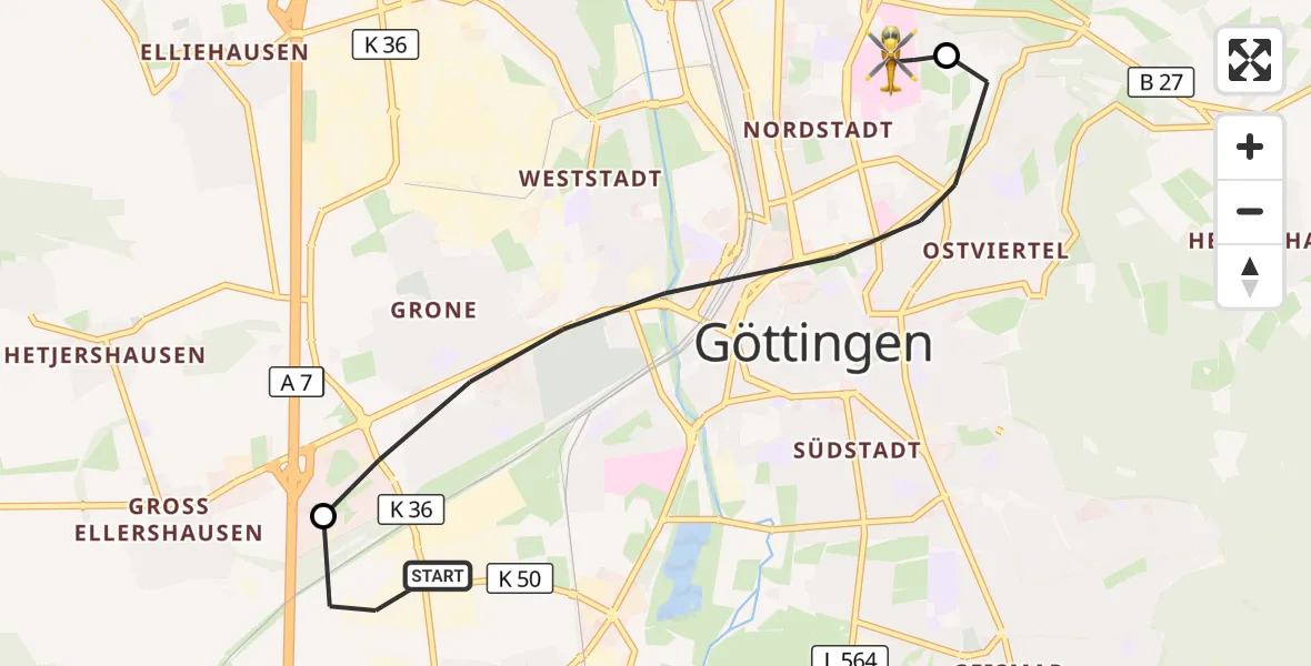 Flugroute Rettungshubschrauber Rosdorf - Göttingen University Clinic Hubschrauberlandeplatz, 04 August 2026, 08:06