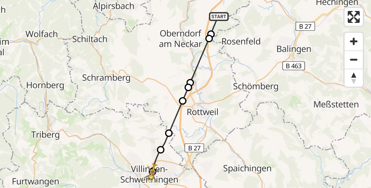Flugroute Ambulanzhubschrauber Vöhringen - DRF Air Rescue Station Villingen-Schwenningen Hubschrauberlandeplatz (Christoph 11), 04 August 2026, 08:12