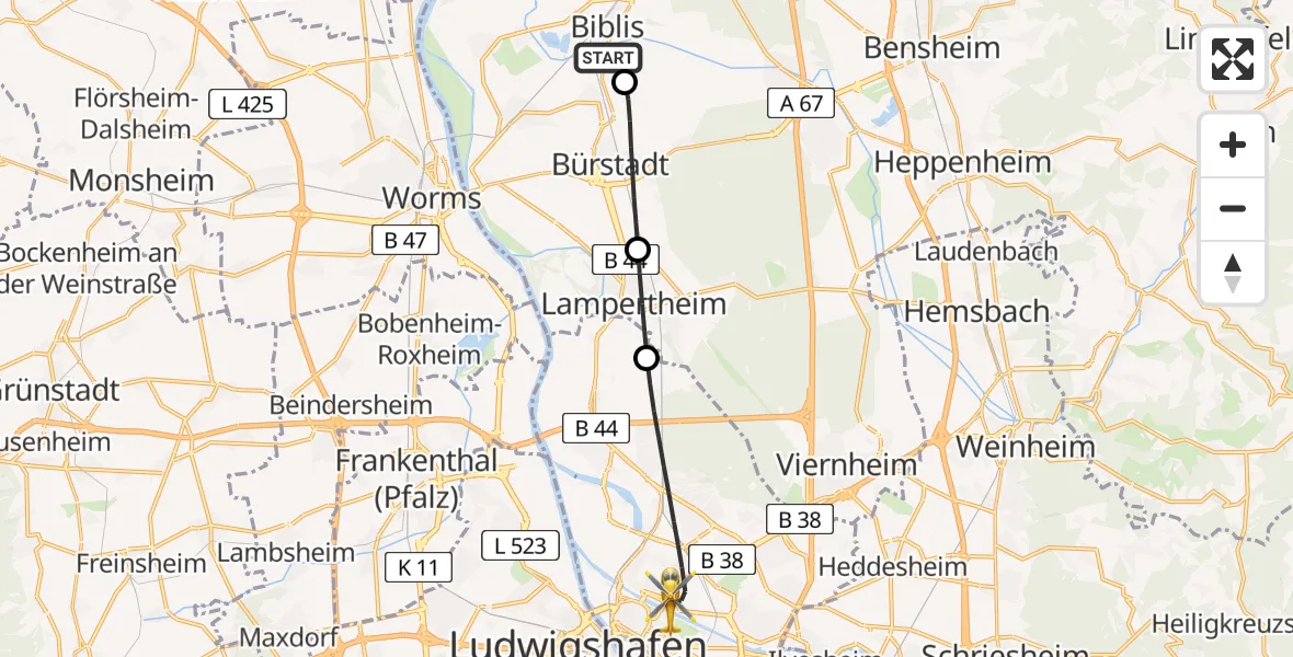 Flugroute Rettungshubschrauber Biblis - Mannheim, 04 August 2026, 08:13