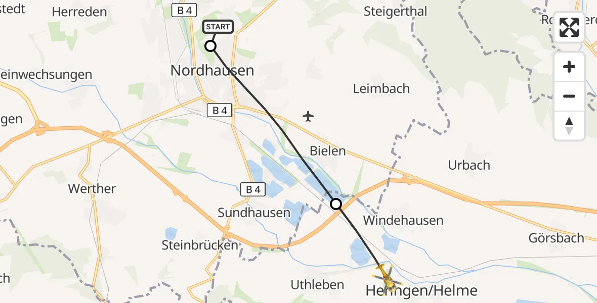 Flugroute Rettungshubschrauber Südharz Hospital Nordhausen - Heringen/Helme, 04 August 2026, 08:19
