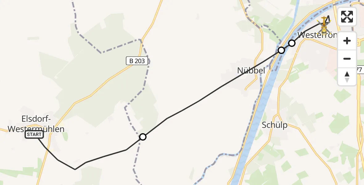 Flugroute Ambulanzhubschrauber Elsdorf-Westermühlen - Westerrönfeld, 04 August 2026, 08:45