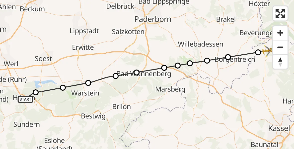 Flugroute Rettungshubschrauber Arnsberg - Trendelburg, 04 August 2026, 08:49