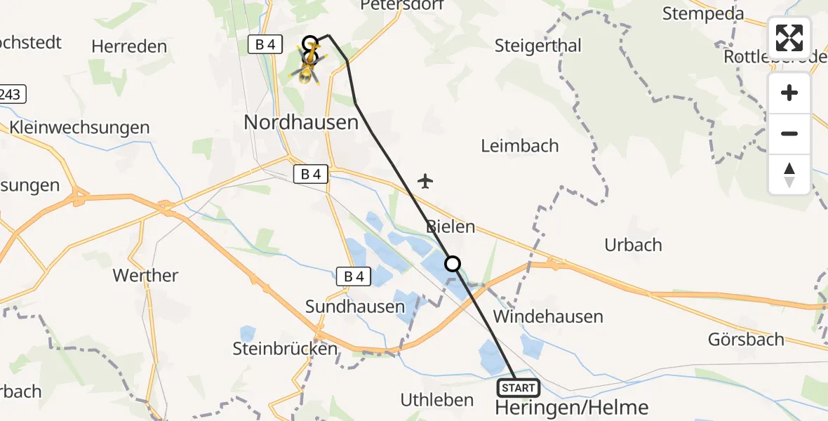 Flugroute Rettungshubschrauber Heringen/Helme - Südharz Hospital Nordhausen, 04 August 2026, 08:49