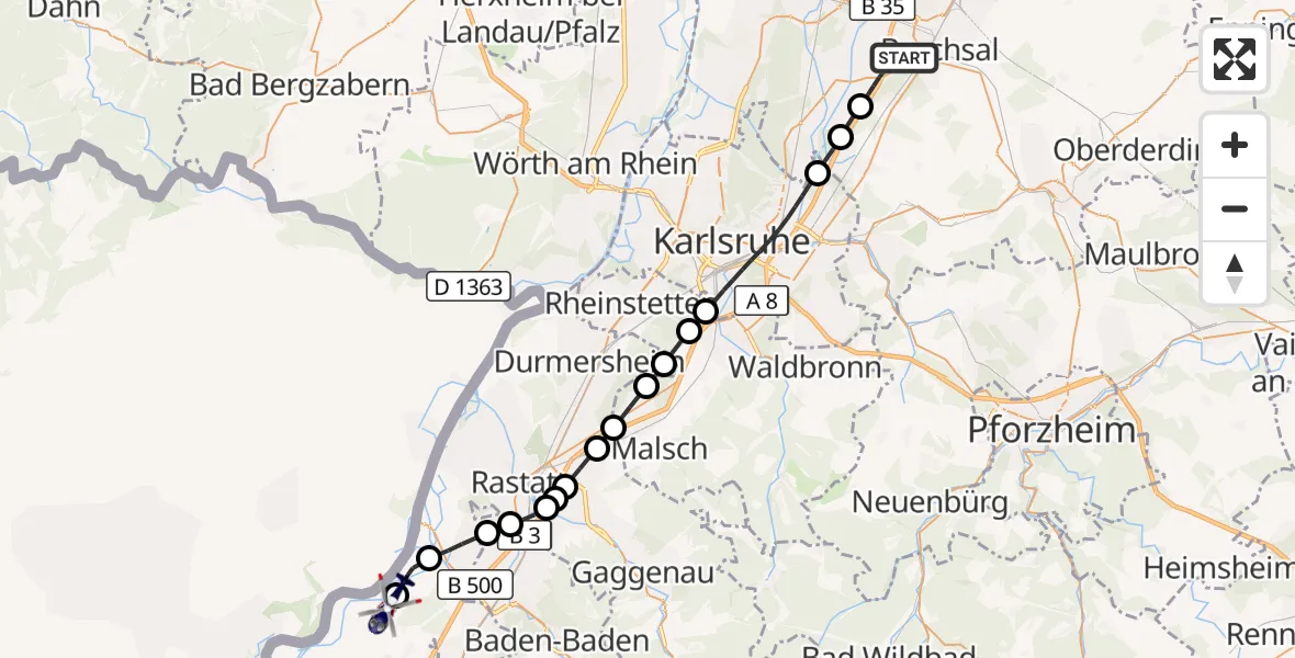 Flugroute Polizeihubschrauber Bruchsal - Karlsruhe Baden-Baden Flughafen, 04 August 2026, 08:52