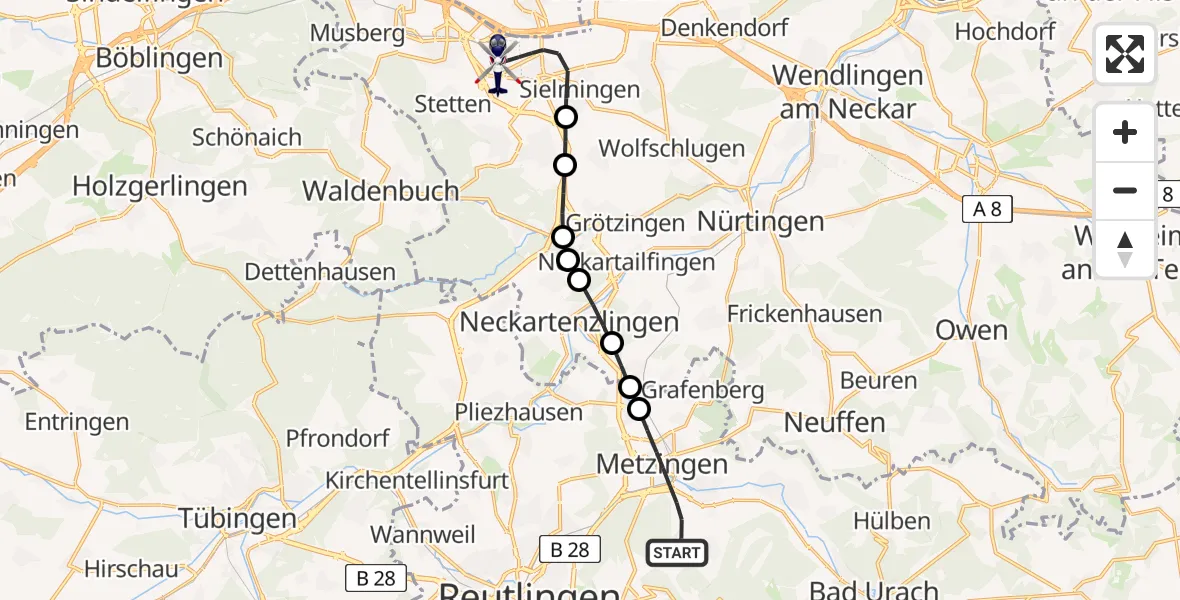 Flugroute Polizeihubschrauber Metzingen - Flughafen Stuttgart, 04 August 2026, 08:56