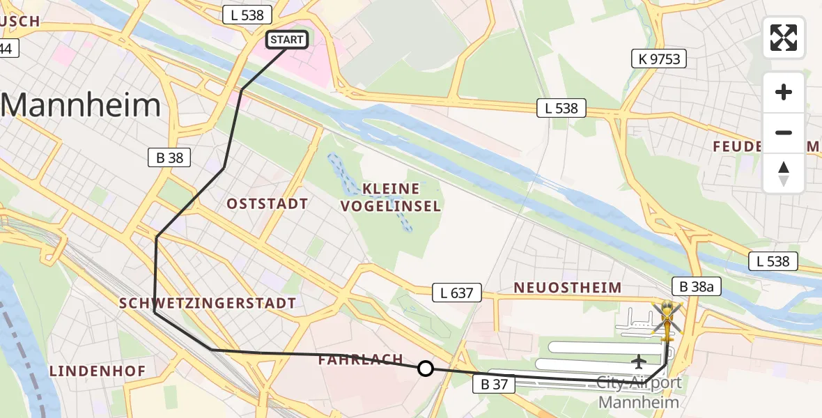 Flugroute Rettungshubschrauber Mannheim - Mannheim-City Flughafen, 04 August 2026, 09:00