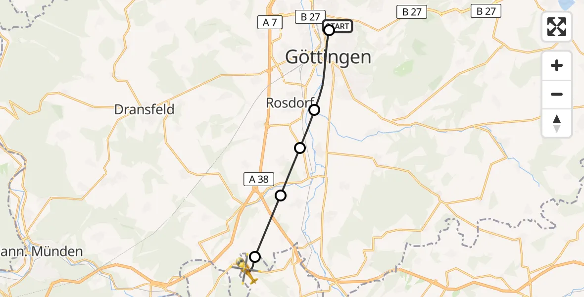 Flugroute Rettungshubschrauber Göttingen University Clinic Hubschrauberlandeplatz - Neu-Eichenberg, 04 August 2026, 09:00