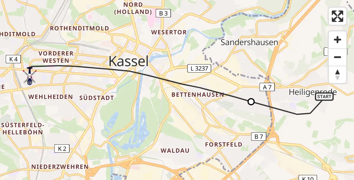 Flugroute Polizeihubschrauber Niestetal - Kassel, 04 August 2026, 09:03
