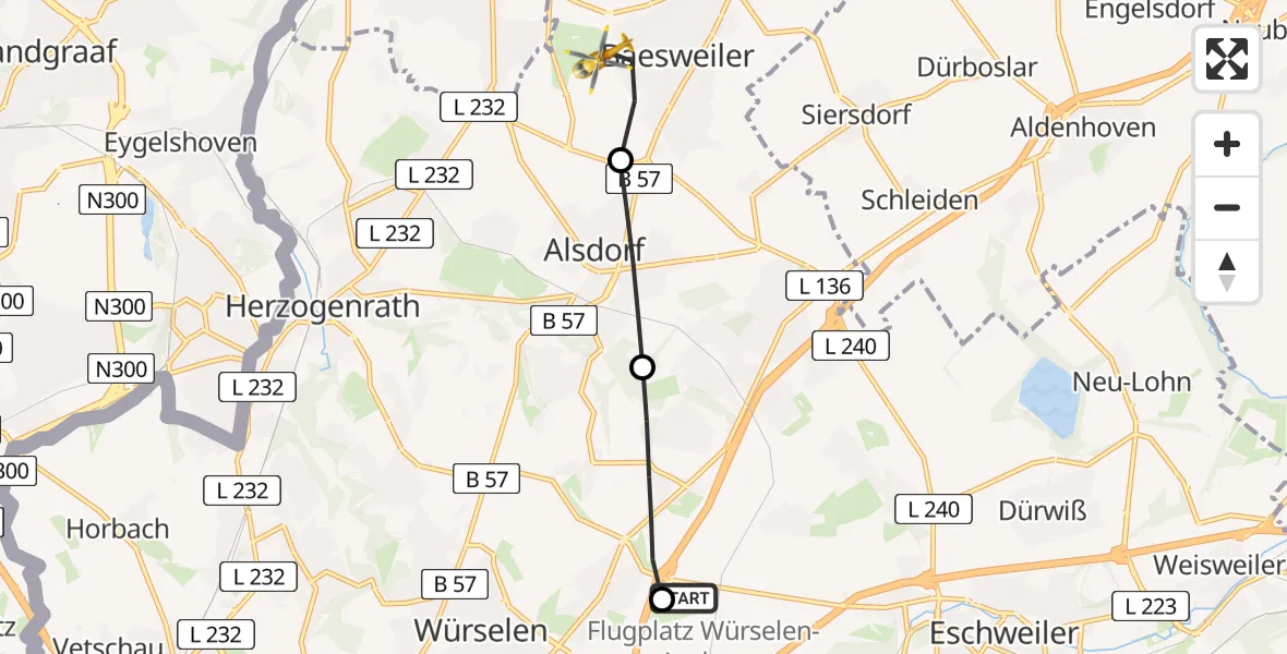 Flugroute Rettungshubschrauber Aachen-Merzbrück Flughafen - Baesweiler, 04 August 2026, 09:04
