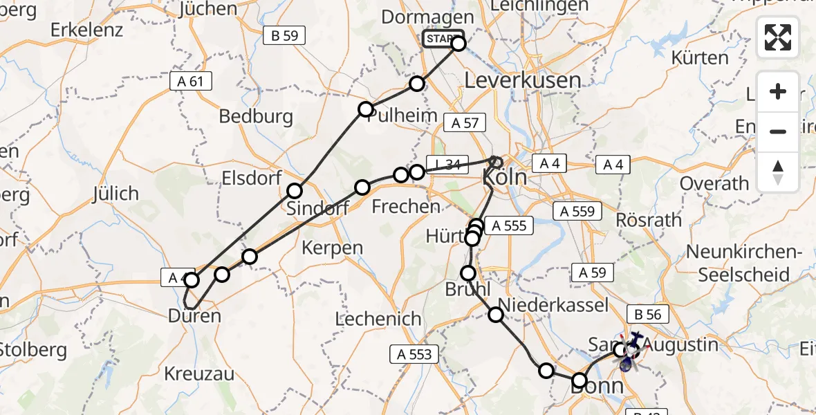 Flugroute Polizeihubschrauber Monheim am Rhein - Sankt Augustin, 04 August 2026, 09:08