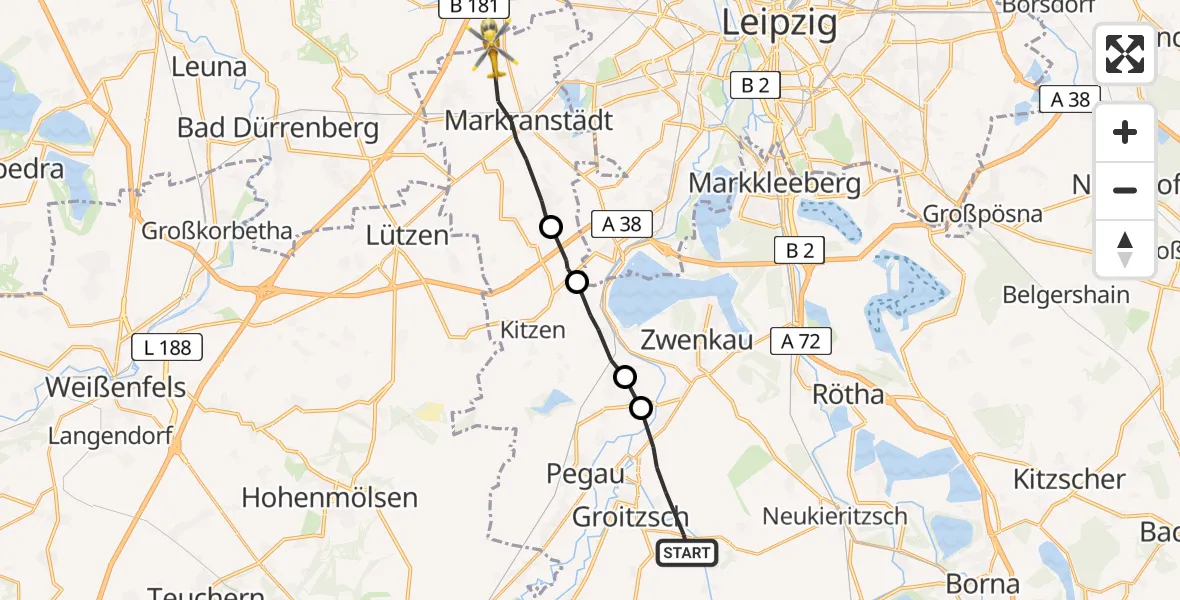 Flugroute Rettungshubschrauber Groitzsch - Markranstädt, 04 August 2026, 09:12