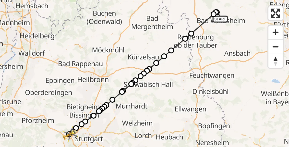 Flugroute Rettungshubschrauber Bad Windsheim - Leonberg Hospital, 04 August 2026, 09:14