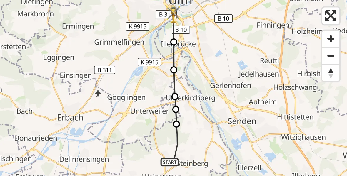 Flugroute Rettungshubschrauber Staig - Ulm, 04 August 2026, 09:14