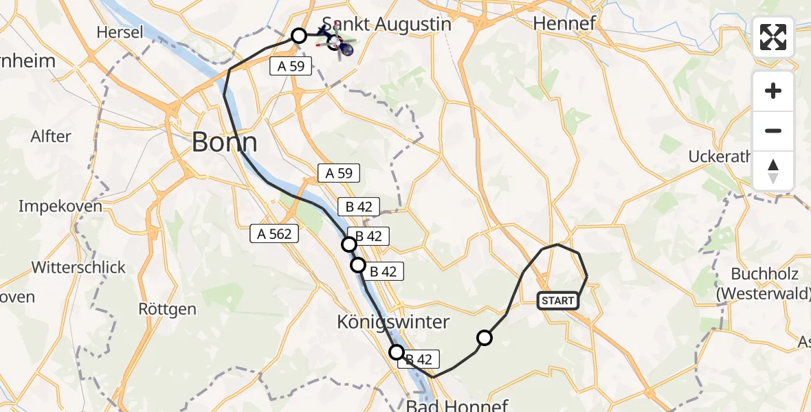 Flugroute Polizeihubschrauber Königswinter - Bonn-Hangelar Flugplatz, 04 August 2026, 09:32