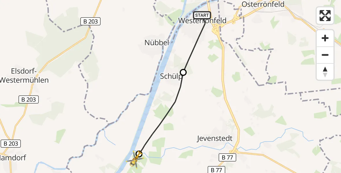 Flugroute Ambulanzhubschrauber Westerrönfeld - Hörsten, 04 August 2026, 09:35