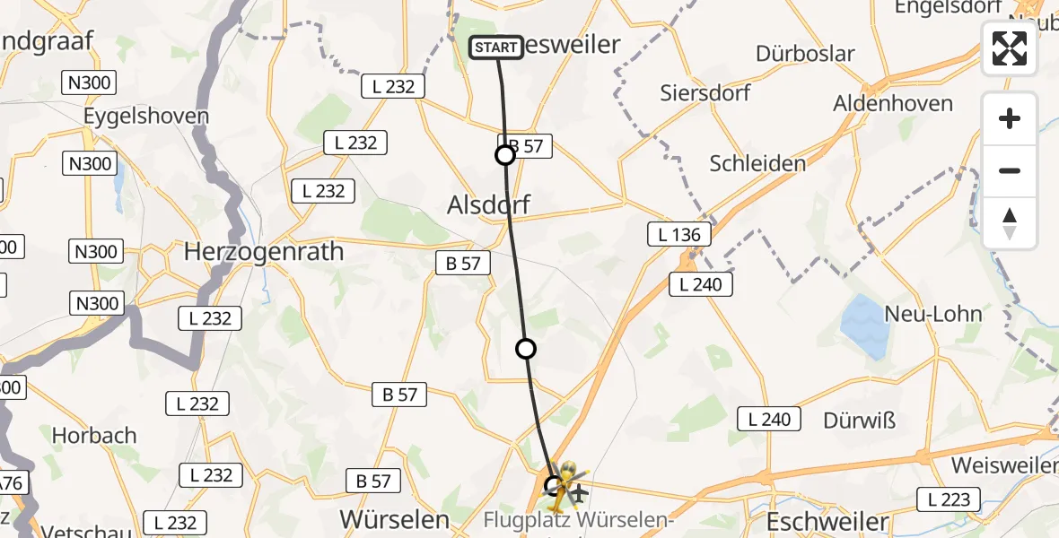 Flugroute Rettungshubschrauber Baesweiler - Aachen-Merzbrück Flughafen, 04 August 2026, 09:34