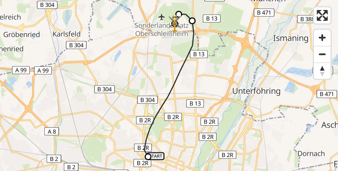Flugroute Rettungshubschrauber Deutsches Herzzentrum München - Oberschleißheim, 04 August 2026, 09:40