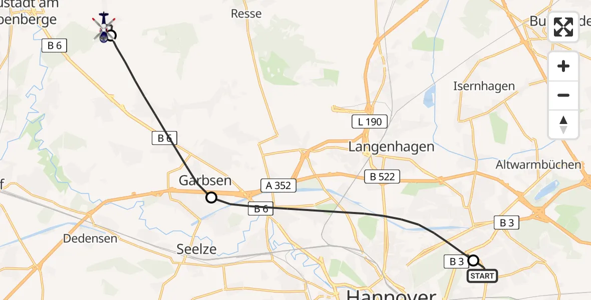 Flugroute Polizeihubschrauber Hannover Luftrettung Hubschrauberlandeplatz (Christoph 4) - Neustadt am Rübenberge, 04 August 2026, 09:41
