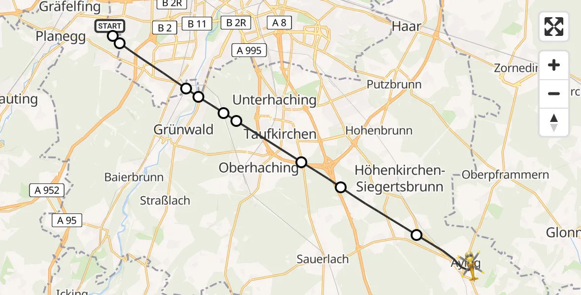 Flugroute Rettungshubschrauber DRF Air Rescue München Hubschrauberlandeplatz - Aying, 04 August 2026, 09:43