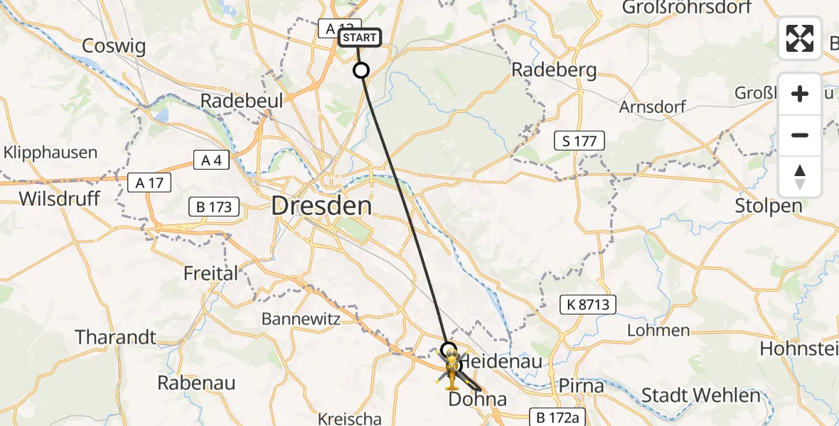 Flugroute Rettungshubschrauber Dresden Flughafen - Dohna, 04 August 2026, 09:53