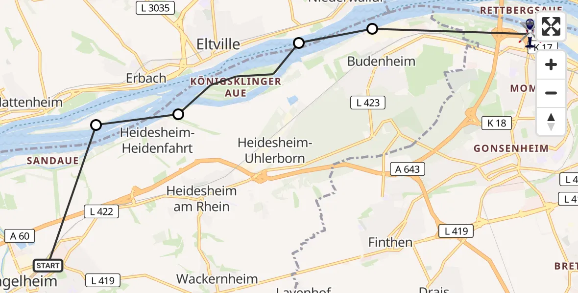 Flugroute Polizeihubschrauber Ingelheim am Rhein - Mainz, 04 August 2026, 09:53