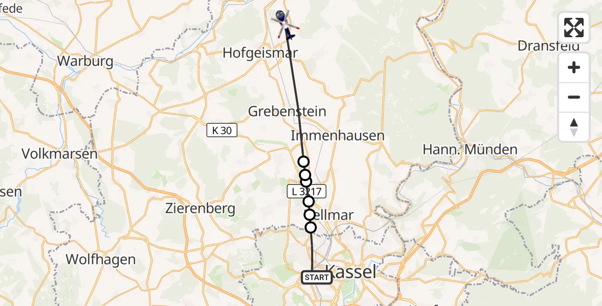Flugroute Polizeihubschrauber Kassel - Hofgeismar, 04 August 2026, 09:55