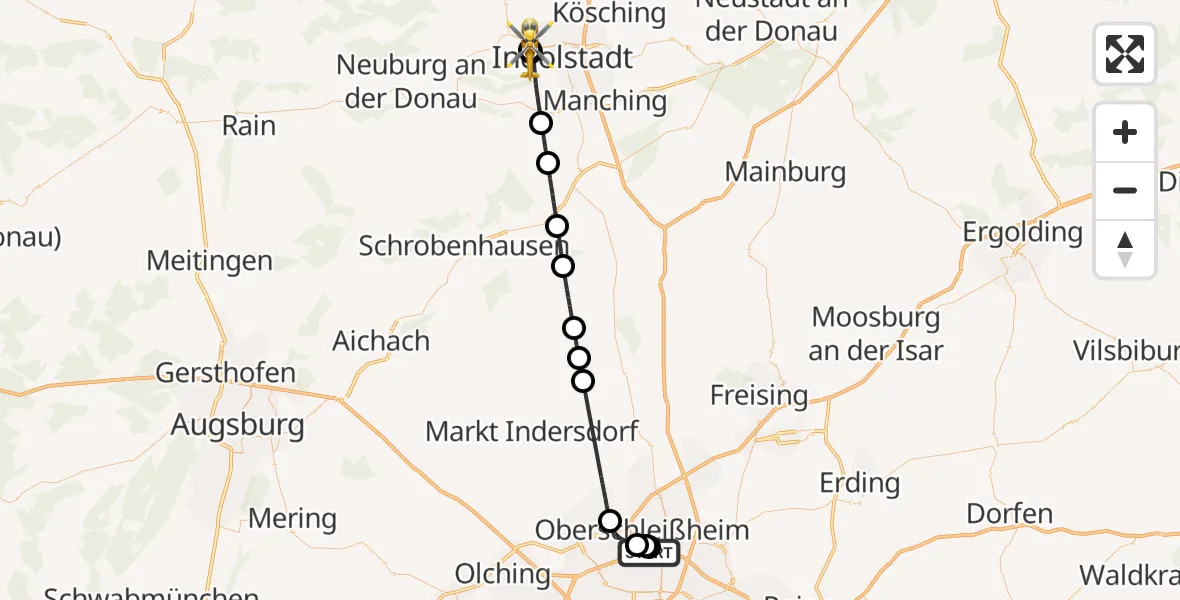 Flugroute Rettungshubschrauber Oberschleißheim - Ingolstadt Hospital, 04 August 2026, 09:55