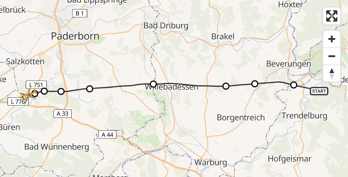 Flugroute Rettungshubschrauber Bad Karlshafen - Paderborn Lippstadt Flughafen, 04 August 2026, 10:04