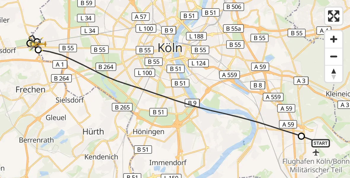 Flugroute Rettungshubschrauber Köln Bonn Flughafen - Köln, 04 August 2026, 10:08
